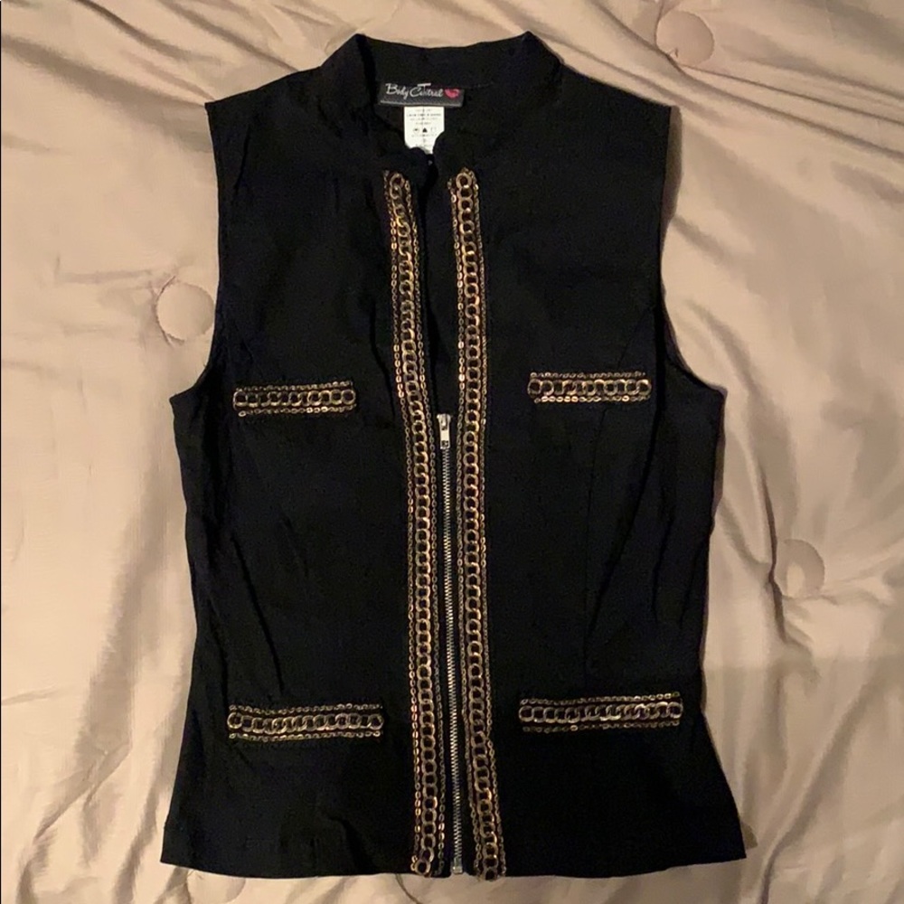 Y2K Black zip up vest top with gold chain detail